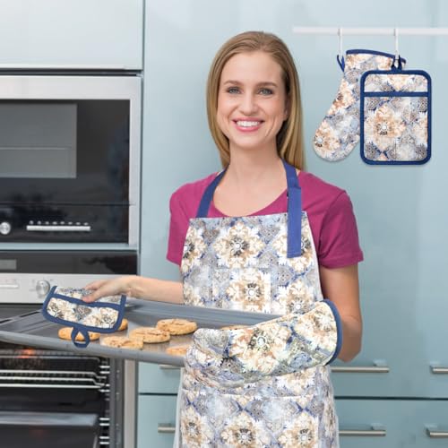 Oven Mitts and Pot Holders with Cooking Apron Set of 5, Heat Resistant Kitchen Gloves and Silicone Non-Slip Potholders, Adjustable Neck Buckle Chef Apron, Cotton Nice Design for Cooking (Blue Retro) - color: Blue Retro