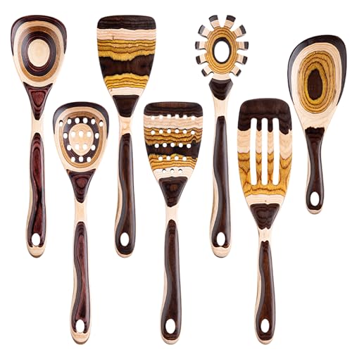 Gudamaye 7-Piece Brown Pakkawood Utensils Set – Sturdy, Eco-Friendly, Wooden Spoons for cooking, Wooden Utensil for cooking, Wooden Kitchen Tool, Home & Kitchen Gifts for Men and Women - style: Pakkawood 7 PCS Brown