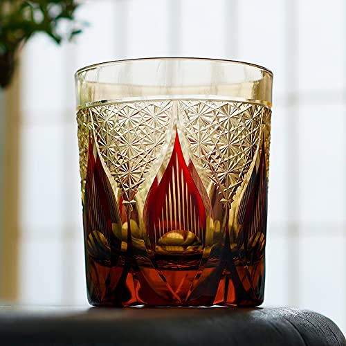 JINZHI Japanese Style Whiskey Glasses-Luxurious 8 oz Amber Red Scotch Glasses -Hand Blown Crystal-Thick Weighted Bottom Rocks Glasses