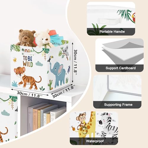 Clastyle 11.8" Animal Storage Basket Set of 3 for Kid Toy Clothes Bin | Collapsible Fabric Book Bin, Metal Frame Bottom Board, Cube Organizer, Closet Nursery Pantry Shelf Bedroom, Safari Lion - color: Lion Elephant