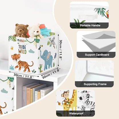 Clastyle 11.8" Animal Storage Basket Set of 3 for Kid Toy Clothes Bin | Collapsible Fabric Book Bin, Metal Frame Bottom Board, Cube Organizer, Closet Nursery Pantry Shelf Bedroom, Safari Lion - color: Lion Elephant