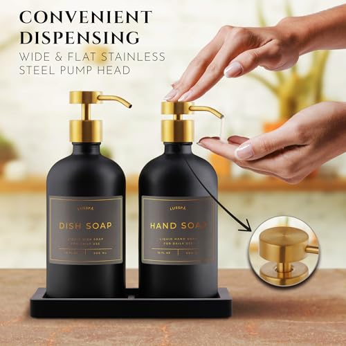 Glass Soap Dispenser Set of 2 (Black) with Silicone Tray | Hand and Dish Soap Dispenser for Kitchen and Bathroom | 16.8 Oz Glass Bottles with Stainless Steel Pump & 15 Waterproof Labels (Black/Gold) - color: Black/Gold