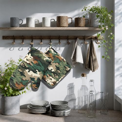 Green Camouflage Oven Mitt and Pot Holder with Silicone Heat Resistant Kitchen for Cooking BBQ Baking Grilling Cooking Protection - color: Green Camouflage