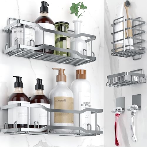 Shower Caddy Bathroom Shelves, The Athena Silken 4 Set, 40LB Capacity, Adhesive Tape - No Drill - Rustproof -Gorgeous Powder Coated 304 Stainless Steel Shower Organizer for kitchen & Home Decor - Grey - color: Grey