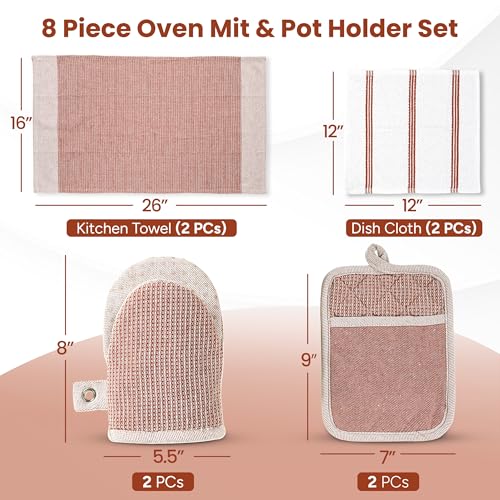 Casa Platino Potholders for Kitchens, 8-Piece – 500°F Heat Resistant Oven Mitts and Pot Holders, Mini Oven Mitt with Silicone Grip, 2 Kitchen Towels & 2 Dish Cloths – Durable & Non-Slip – Canyon Rose - color: 10: Oven Mitts - Canyon Rose, size: Oven Mitt