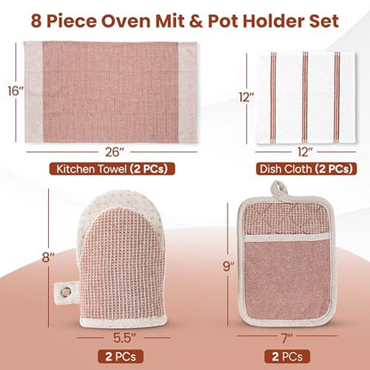 Casa Platino Potholders for Kitchens, 8-Piece – 500°F Heat Resistant Oven Mitts and Pot Holders, Mini Oven Mitt with Silicone Grip, 2 Kitchen Towels & 2 Dish Cloths – Durable & Non-Slip – Canyon Rose - color: 10: Oven Mitts - Canyon Rose, size: Oven Mitt