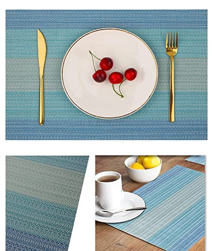 Placemats, Woven Vinyl Crossweave Kitchen Tablemat，Washable PVC Table Mats Sets for Dining Table, Parties, Farmhouse, Thanksgiving, Christmas & Gathering (6 Placemats + 1 Table Runner, Coastal Blue)