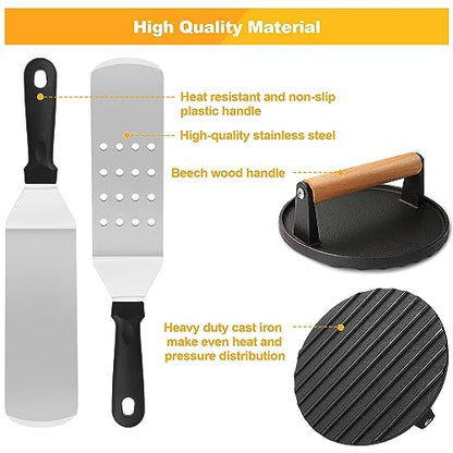 Griddle Accessories Kit, Terlulu 29 PCS Flat Top Grill Accessories for Blackstone and Camp Chef, Metal Spatula Set with Burger Press, Melting Dome, Scraper, Tongs, Carry Bag for Outdoor Grilling BBQ - style: with Round Burger Press