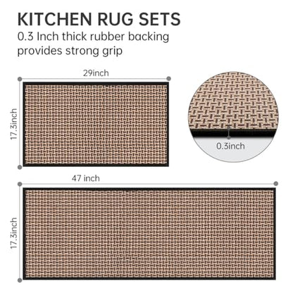 eqivei Kitchen Rugs and Mats Non Slip Washable Set of 2 PCS, Absorbent Runner Rugs for Kitchen, Front of Sink, Kitchen Mats for Floor, 17.3"x47"+17.3"x29" (Black) | 17.3"x47"+17.3"x29", Absorbent Woven Runner Set with Cushioned Rubber Backing for Sinks, B