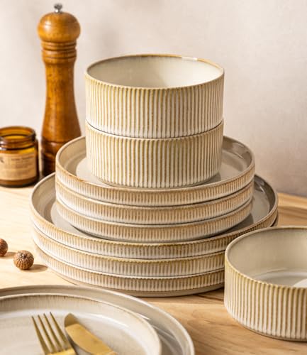 GBHOME Stoneware Dinnerware Sets for 4, 12 Pieces Plates and Bowls Set | Lightweight Ceramic Ribbed Dishes,Reactive Glaze Stackable Plate Set,Scratch Resistant,Microwave & Dishwasher Safe,Cappuccino - color: Cappuccino