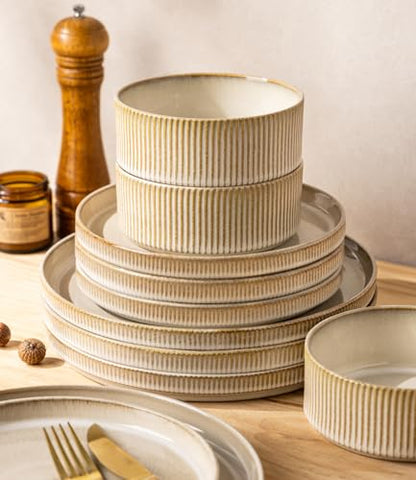 GBHOME Stoneware Dinnerware Sets for 4, 12 Pieces Plates and Bowls Set | Lightweight Ceramic Ribbed Dishes,Reactive Glaze Stackable Plate Set,Scratch Resistant,Microwave & Dishwasher Safe,Cappuccino - color: Cappuccino