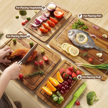 Acacia Wood Cutting Boards Set for Kitchen, 4-Piece Chopping Board Set with Food Icon (Meat, Fish, Vegetables, Fruits) Wooden Butcher Block with Stands & Juice Groove (S,M,L,XL) - color: Acacia Wood Set of 4