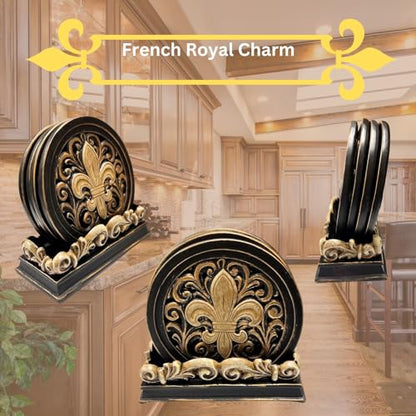 BestGiftEver Fleur De Lis Carved Scrolls 4 Coasters Set Kitchen Decoration | Rustic Western Farmhouse Decor Cup Mats, Coffee Table Drink Protection, New Apartment Accessory, Housewarming Gift for Women