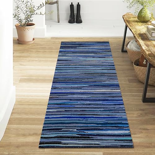 Chindi Area Runner 2x6 Feet - Navy | Cotton Large Hand Woven Runners for Hallways, Easy Clean Reversible Rugs for Outdoor Use - color: Navy Blue, size: 2' x 6' (Runner)