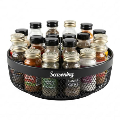 Rotating Spice Rack Organizer, 360° Black Basket for Kitchen | Metal mesh, kitchen countertop and cabinet storage, 360° rotating base, 4 divided sections, non-slip pads