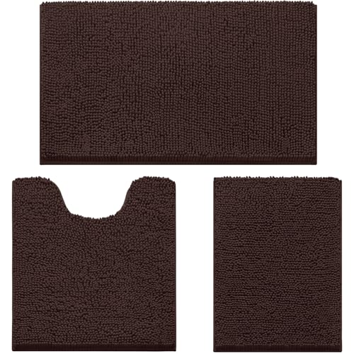 HOMEIDEAS 3 Pieces Bathroom Rugs, Ultra Soft Non Slip Absorbent Chenille Toilet Bath Mat Set (Brown) - color: Brown-brown, size: 17"x24"+20"x32"+U Shape 20"x24"