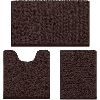 HOMEIDEAS 3 Pieces Bathroom Rugs, Ultra Soft Non Slip Absorbent Chenille Toilet Bath Mat Set (Brown) - color: Brown-brown, size: 17"x24"+20"x32"+U Shape 20"x24"