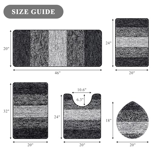 Bsmathom Bathroom Rug Set 5 Piece, Plush Microfiber Bath Mat, Black | Extra Water Absorbent, Non Slip Washable Runner Bath Rugs with Toilet Lid Cover and U-shaped Contour Toilet Mat - color: Black, size: 18"x26"+20"x31"+20"x48"+U20"x24"+Cover19"x21"