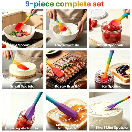 Silicone Spatula Set,9-Piece BPA Free Food Grade Heat Resistant Spatulas for Cooking Baking,Seamless One Piece Design,Non-Stick Safe,Dishwasher Safe,Withstands -104°F to 600°F（Rainbow） - color: Rainbow