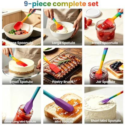 Silicone Spatula Set,9-Piece BPA Free Food Grade Heat Resistant Spatulas for Cooking Baking,Seamless One Piece Design,Non-Stick Safe,Dishwasher Safe,Withstands -104°F to 600°F（Rainbow） - color: Rainbow