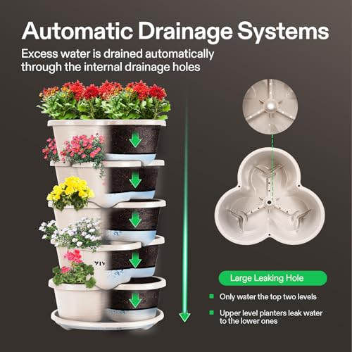 VIVOSUN 5 Tier Vertical Gardening Stackable Planter for Flowers, Ivory | Planter for Herbs, Vegetable - size: 1 Pack