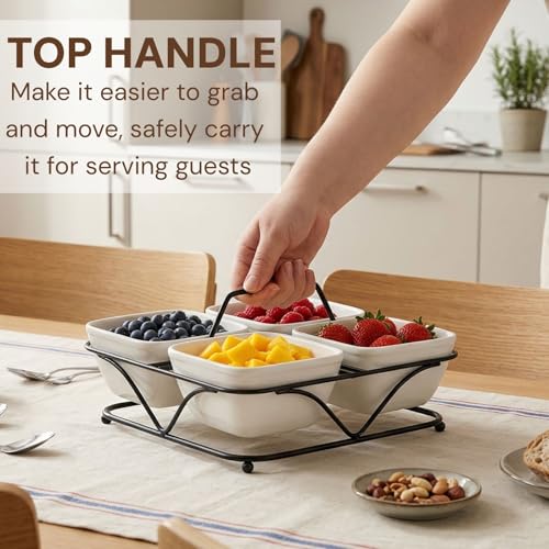 Pumtus Ceramic Divided Serving Dishes, 4 Removable Snack Bowls with Metal Stand, 9 Inch Appetizer Platter with Handle, Dip Bowls for Party, Condiment Serving Relish Tray for Chips & Dips, Nut, Candy
