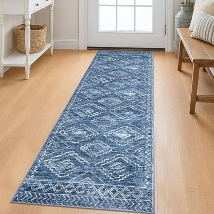 KILOCOCO Washable Runner Rug 2x6 ft Hallway Runners, Stonewashed Blue | Non Slip Runner Rug, Printed Kitchen Runner Rug, Low-Pile Entryway Runners, Soft Geometric Rugs for Bedroom Hall Living Room - color: Stonewashed Blue, size: 2' x 6' (Runner)