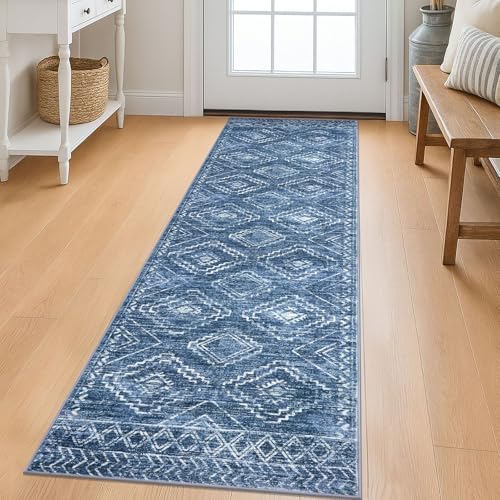 KILOCOCO Washable Runner Rug 2x6 ft Hallway Runners, Stonewashed Blue | Non Slip Runner Rug, Printed Kitchen Runner Rug, Low-Pile Entryway Runners, Soft Geometric Rugs for Bedroom Hall Living Room - color: Stonewashed Blue, size: 2' x 6' (Runner)