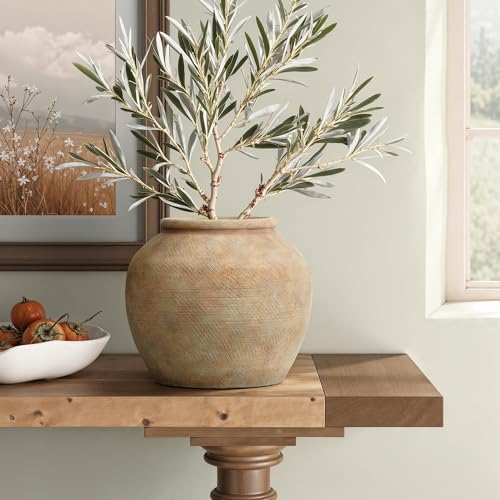 LuxenHome Ceramic Flower Vase, 9-Inch Terracotta Round Vintage Pottery Vase | Natural Earth-Tone Finish, Farmhouse Vase for Shelf and Living Room Decor, Boho Accent for Entryway, Table, and Home Decor - color: Brown C