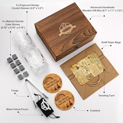 Whiskey Stones Gift for Men, Whiskey Glasses Set of 2 with Premium Wood Box | 8 Granite Chilling Whiskey Rocks, Scotch Bourbon Gifts for Men Him Dad Husband Boss, Ideal for Fathers Day, Birthday, Holiday - style: Straight Glasses+Granite Stones