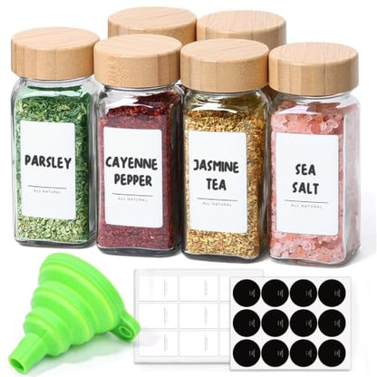 ComSaf Glass Spice Jars with with Labels 4 oz 6 Pack Small Bamboo Lids | Empty Containers, Seasoning Herb Powder, Salt Pepper Chili, Spice Rack Organization, Kitchen Cabinet Storage, Funnel Included - color: 4oz*6 Bamboo Lids