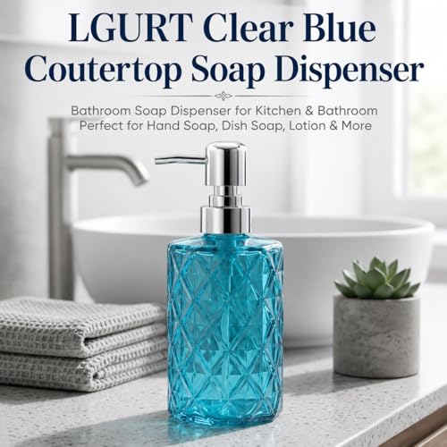 LGURT Prism Clear Blue Glass Soap Dispenser, Stainless Steel Pump | 12 oz, kitchen bathroom countertops, non-drip pump, modern gift-ready decor - color: Clear Blue