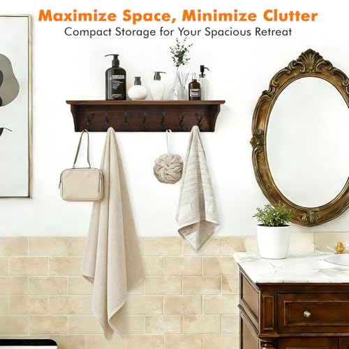 33" Coat Rack with Shelf Wall Mount, Pre-Assembled Solid Wood Coat Hooks with Shelf, Wall Coat Hanger with 7 Metal Triple-Hooks for Hanging Hat,Key,Clothes,Towel, for Entryway,Bedroom,Bathroom,Charred - color: Charred