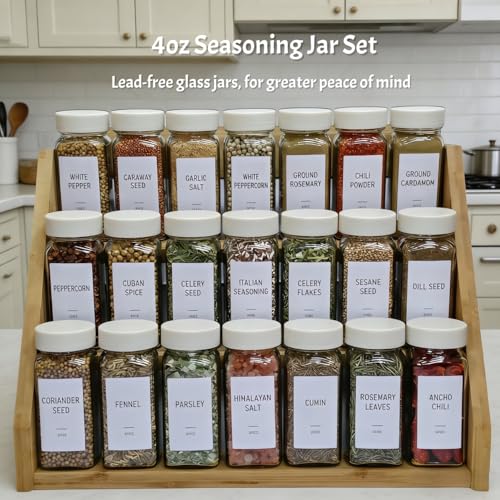 Spice Jars with Labels - 24 Glass Spice with Shaker Lids & Airtight Plastic Caps - 4oz Complete Seasoning Containers Organizer Set for Cabinet, Drawer & Rack (Beige) - color: Beige