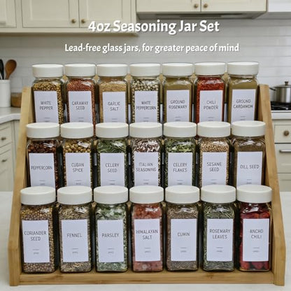 Spice Jars with Labels - 24 Glass Spice with Shaker Lids & Airtight Plastic Caps - 4oz Complete Seasoning Containers Organizer Set for Cabinet, Drawer & Rack (Beige) - color: Beige