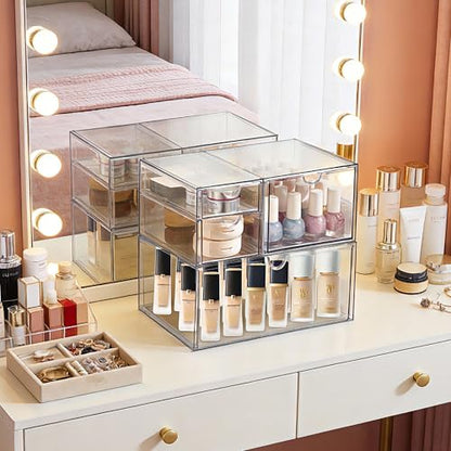 Prsildan Acrylic Drawer Makeup Organizer with 4 Drawers, Set of 2 | Clear, Baby Bottle Storage, For Vanity Countertop Bathroom Cosmetic Office Desk, Craft Jewelry Art Supply Organization - size: 4 Drawers