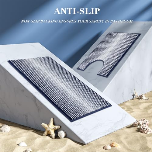 Bathroom Rugs Sets 3 Piece, Toilet Rugs U-Shaped Contour Bath Mat Set, Striped Absorbent Non Slip Chenille Shower Mat, Navy Blue - color: Navy Blue, size: 20"x32"+16"x24"+U Shape 20"x24"