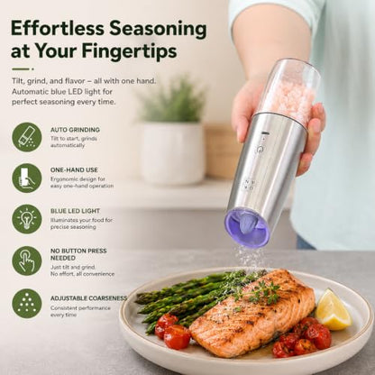 Automatic Electric Gravity Salt and Pepper Grinder Set, Rechargeable, One-Hand Operation, Dual USB-C Charging Cable, Adjustable Ceramic Burr, LED Light, Stainless Steel, 3.4 Oz - color: Stainless Steel