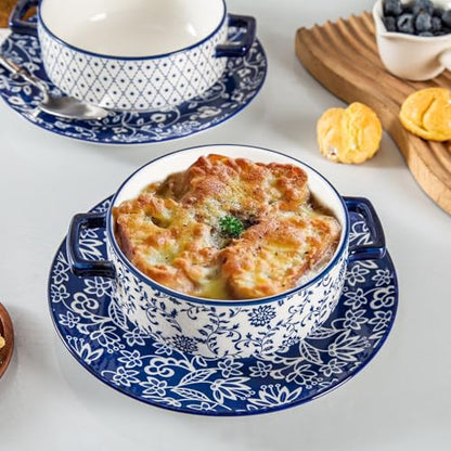 Soup Bowls with Handles - 24oz Ceramic French Onion Soup Crocks Serving Bowls for Pasta Cereal Beef Stew Pot Pies Casserole - Oven Microwave Dishwasher Safe - Set of 4, Blue | French Onion Soup Crocks Serving Bowls for Pasta Beef Stew Pot Pies Casserole -