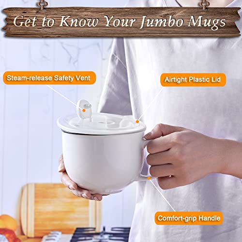 DAYYET Soup Mugs with Handles and Vented Lids, 26 oz Microwavable Soup Bowls, Ceramic Mugs Set for Overnight Oats, Cereal, Noodles, Ramen, Pasta, Salad, Oversized Coffee Mugs, Set of 2, White