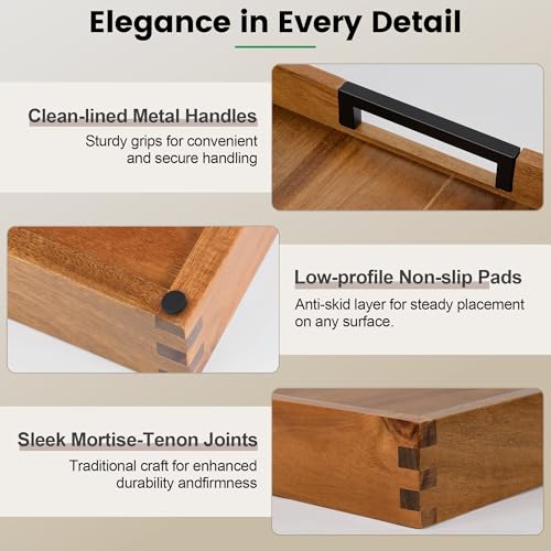 Large Ottoman Tray for Living Room and Coffee Table, Decorative Acacia Wood Serving Tray with Metal Handles for Breakfast in Bed, Dinner Food Kitchen TV (Natural, 17" x 17" x 2") - size: 17" x 17" x 2"