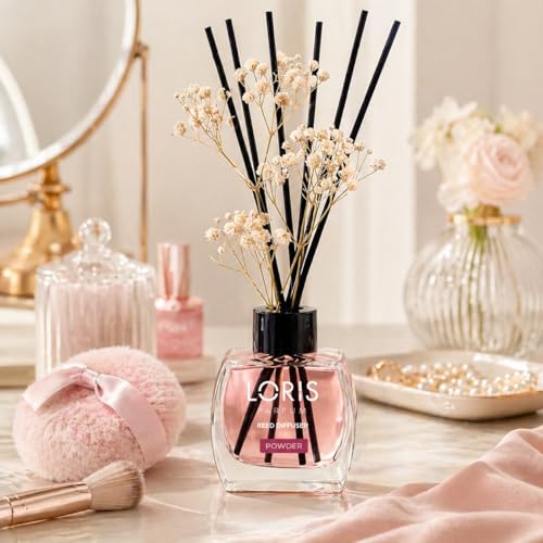 Loris Powder Reed Diffuser Set with Dried Flowers | Reed Diffusers for Home with Sticks | Bathroom Diffuser & Room Scent | Long-Lasting Home Fragrance | 120 mL / 4.06 fl oz - color: Powder