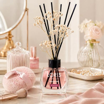 Loris Powder Reed Diffuser Set with Dried Flowers | Reed Diffusers for Home with Sticks | Bathroom Diffuser & Room Scent | Long-Lasting Home Fragrance | 120 mL / 4.06 fl oz - color: Powder