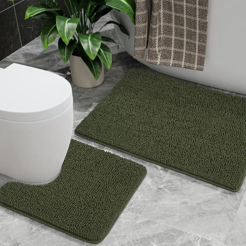 Bathroom Rug Sets 2 Piece, 20"x20" U-Shaped & 21"×34", Olive Green | Toilet Mat Non Slip Bath Mats Floor Set, Washable Bath Rug Set, Absorbent Soft Bathroom Rug - color: Olive Green