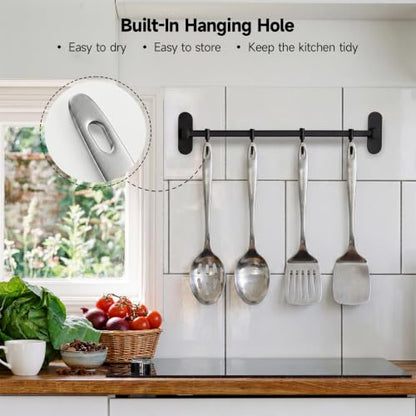 4PCS Stainless Steel Kitchen Cooking Utensils Spatula & Spoons Set | Solid & Slotted Turners, Serving & Slotted Spoons, Heat Resistant, For Flipping Fish, Eggs and Pancakes, Dishwasher Safe