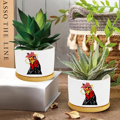 1Pcs Rooster Succulent Pots with Drainage and Bamboo Tray, Ceramic Pot | 3 Inch Small Planters for Plants,Cactus,Decoration for Office Home,Garden,Windowsill,Gifts for Women Mom (No Plants Included) - style: Rooster