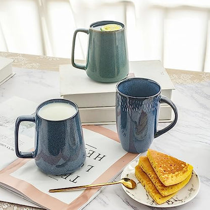 Large Ceramics Coffee Mugs,24 OZ,With Spoon And Wooden Lid,For Coffee,Tea,Cocoa,Large Handle Design,Microwave And Dishwasher Safe(Color:24 oz green set) - color: 24 oz green set
