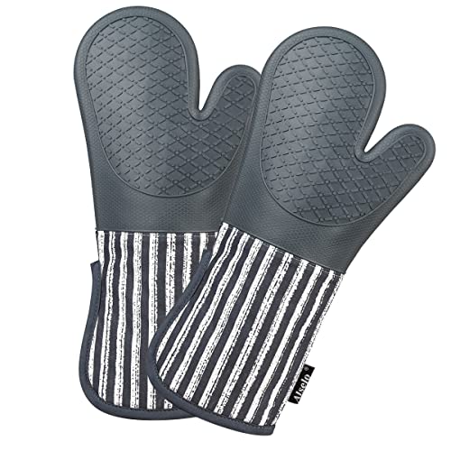 Alselo Silicone Oven Mitts Heat Resistant 932℉ with Waterproof & Non-Slip | Kitchen Mittens Set of 2,Extra Long 7.5"x15" Oven Gloves with Soft Cotton Terry Lining for Baking Cooking BBQ(Grey,2) - color: Gray