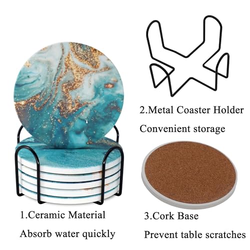 Blue Marble Ceramic Coasters with Holder Absorbent Drink Coaster Set Outdoor Round Abstract Cute Table Decorative Coffee Cup Beverage Fun Wine Beer Bar Gold Housewarming 6 Pack - style: blue gold