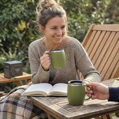 Stainless Steel Insulated Coffee Mugs Set of 2 (14oz) – Double Wall Coffee Cups With Spill Resistant Lid & Strong Handle, Shatterproof Cups for Cold Drinks, Hot Beverages, Indoor & Outdoor Use - color: Army Green